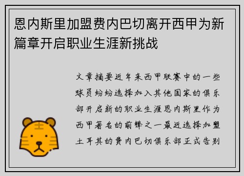 恩内斯里加盟费内巴切离开西甲为新篇章开启职业生涯新挑战